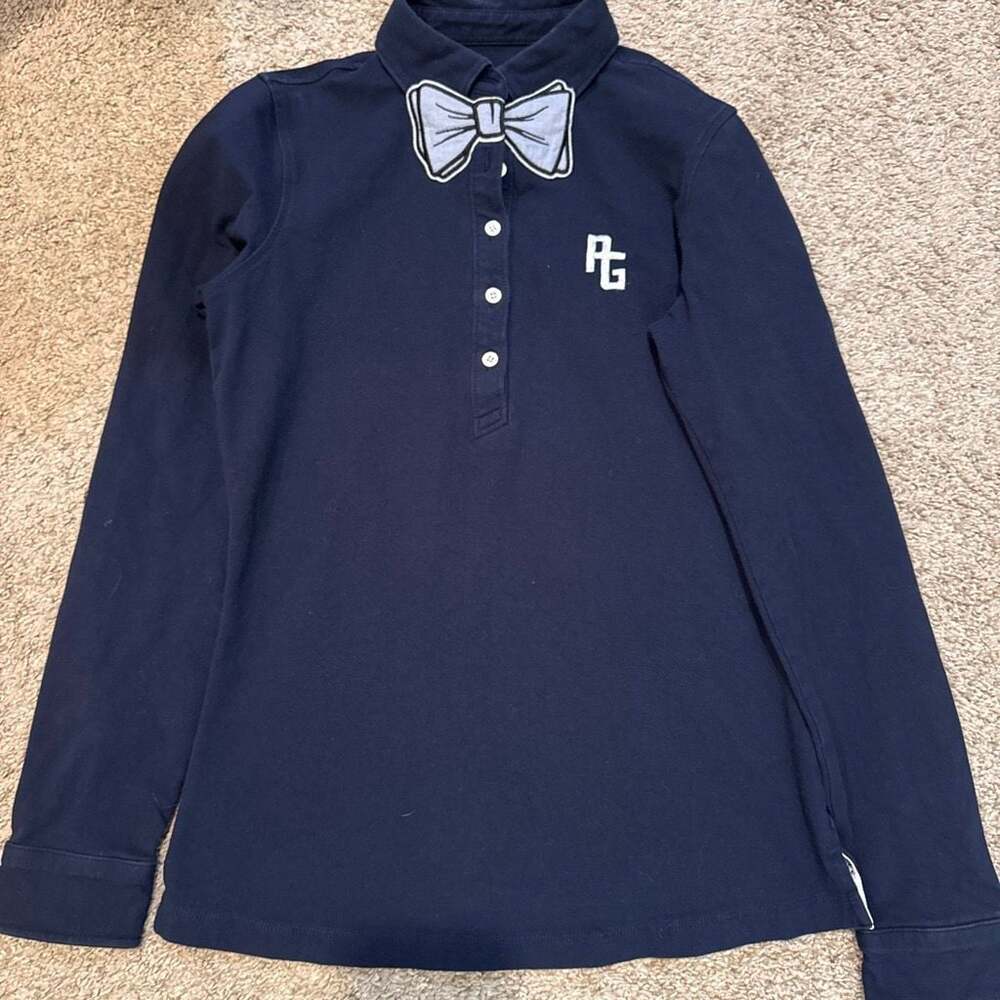 Pearly Gates Navy Long Sleeve Golf Polo with Bow Collar and PG Logo